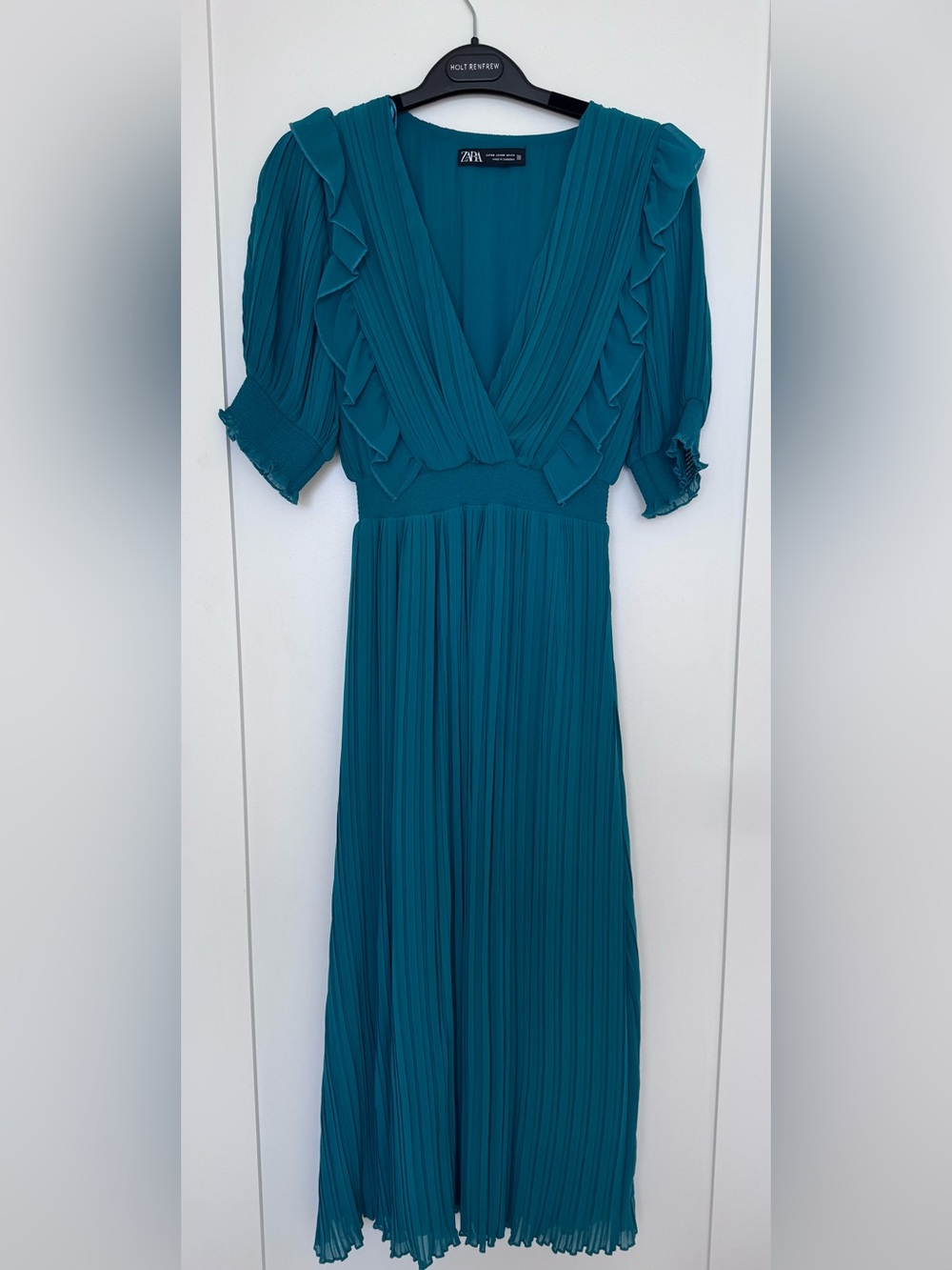 Zara Teal Pleated Maxi Dress with Ruffle Trim